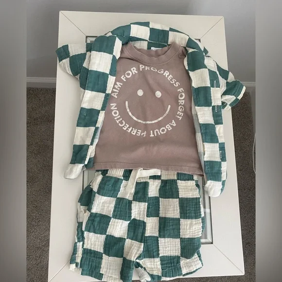 Grayson Mini- Green & White Checkered Two-Piece Set with Tshirt - Picture 2 of 6
